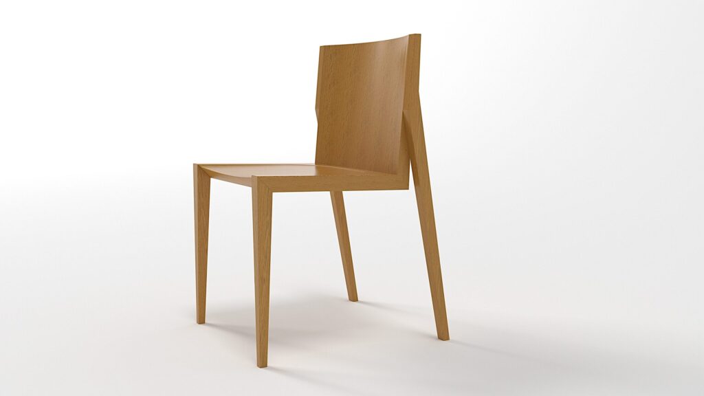Silla apilable de comedor con respaldo inclinado y bordes biselados en asiento y estructura de patas